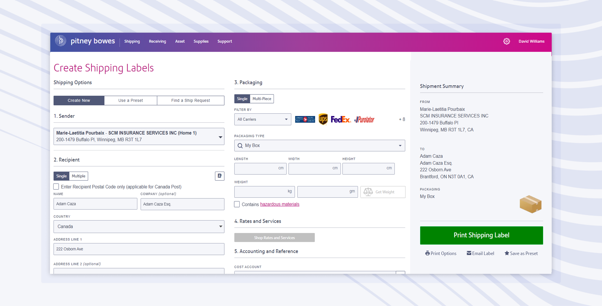 screenshot of shipping label creation view